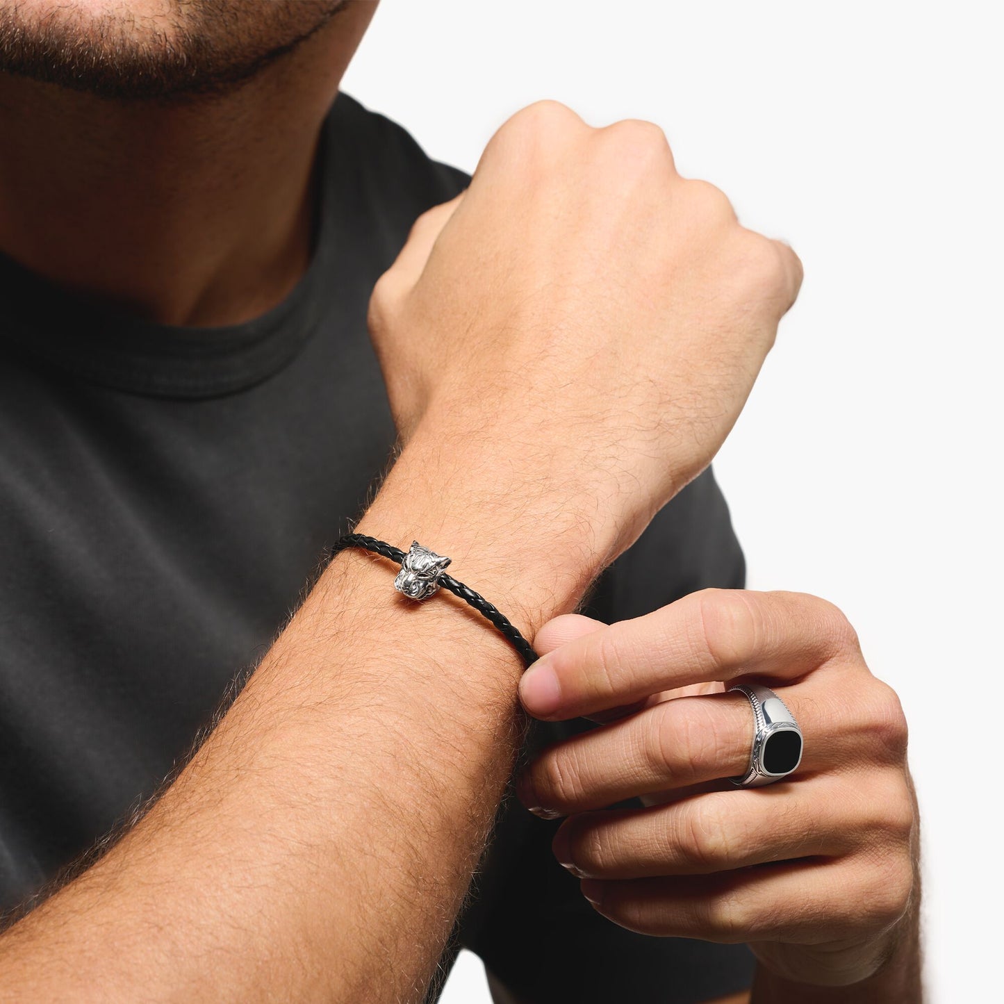 Thomas Sabo Silver and Black Leather Tiger Bracelet