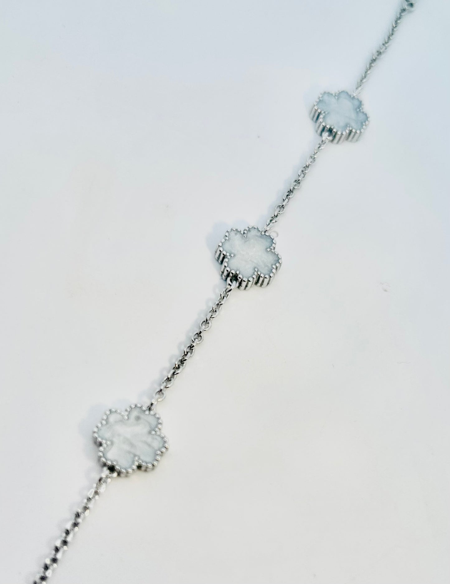 Silver White Enamel Four Leaf Clover Bracelet 07"