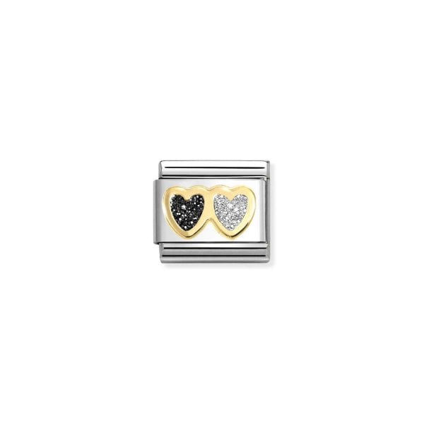 Nomination Classic Link Double Heart with Black and Silver Glitter