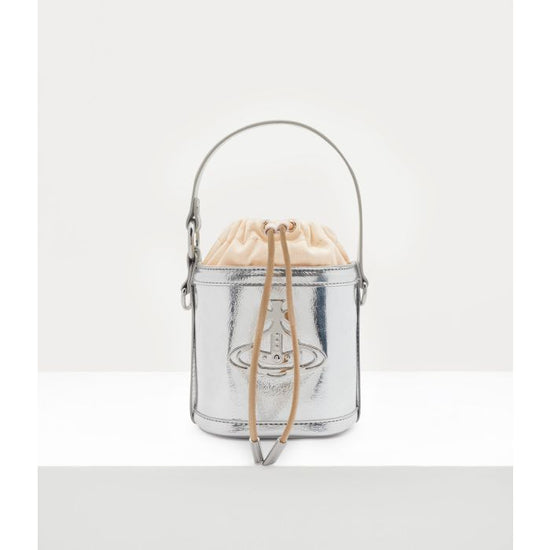 Vivienne Westwood Vegan Daisy Drawstring Bucket Bag in Silver Crinkle