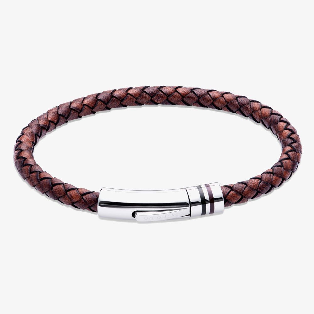 Unique Stainless Steel Brown Leather Braided Bracelet 21cm