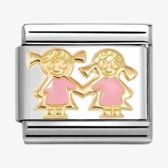 CLASSIC Gold & Pink Two Girl Sister Charm