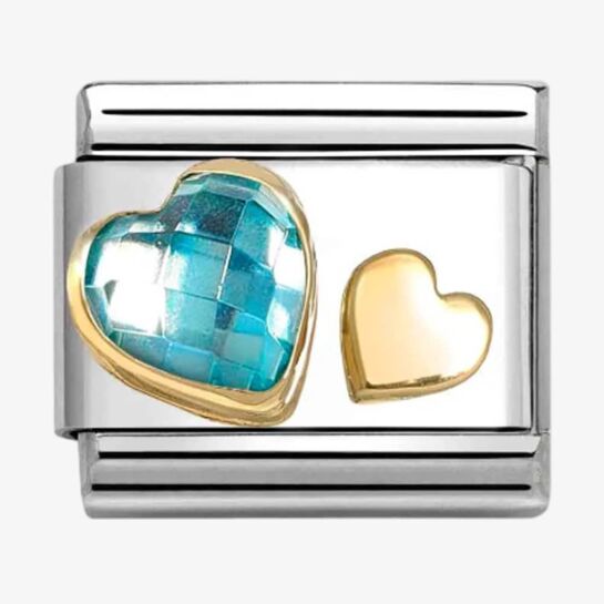 CLASSIC Yellow Gold Light Blue Cubic Zirconia Double Heart Charm