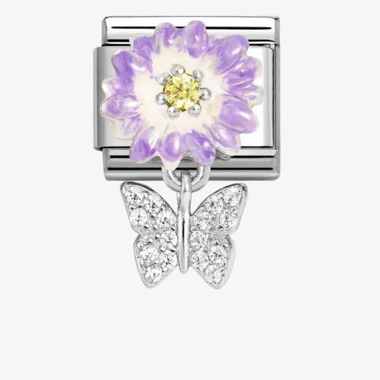 Nomination Classic Link Purple Flower with Yellow CZ and CZ Pave Butterfly Pendant