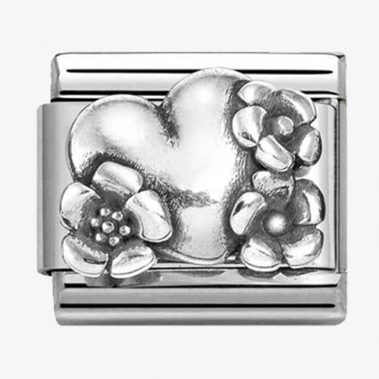 Nomination Classic Silvershine Oxidised Heart And Flowers Charm