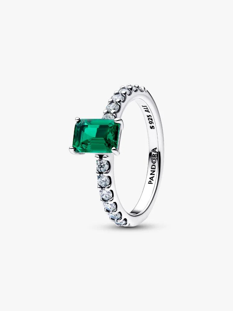Pandora Rectangular Sparkling Green Halo Ring