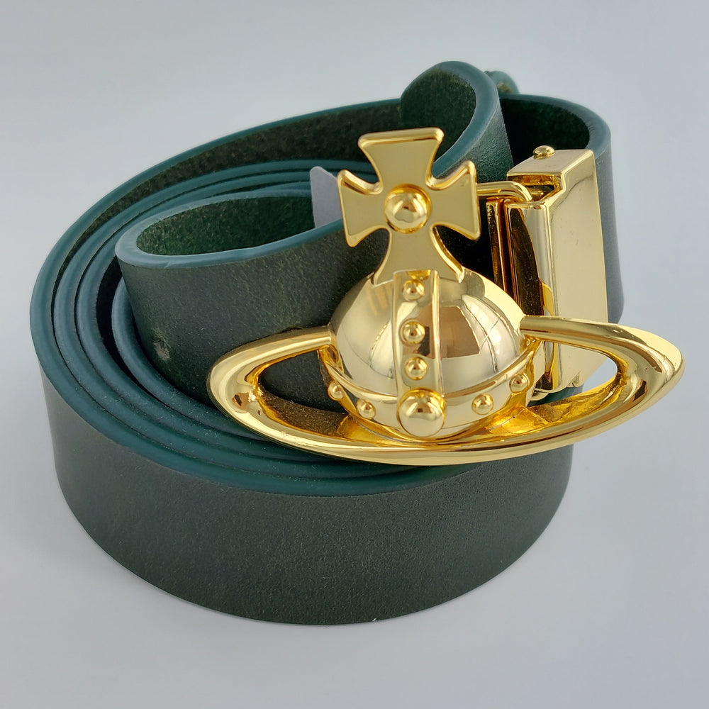 
                      
                        Vivienne Westwood Green 3D Gold Orb Buckle Belt
                      
                    