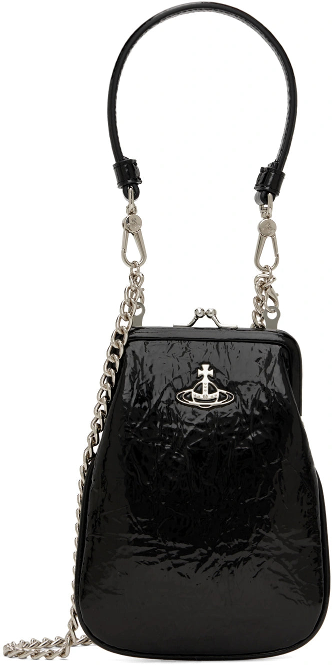 Vivienne Westwood Vegan Tessa Chain Purse in Crinkled Patent Black Faux Leather
