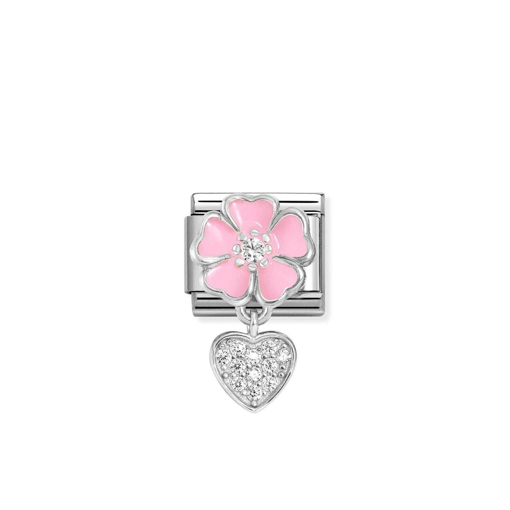 Nomination Classic Link Pink Flower with CZ and CZ Pave Heart Pendant
