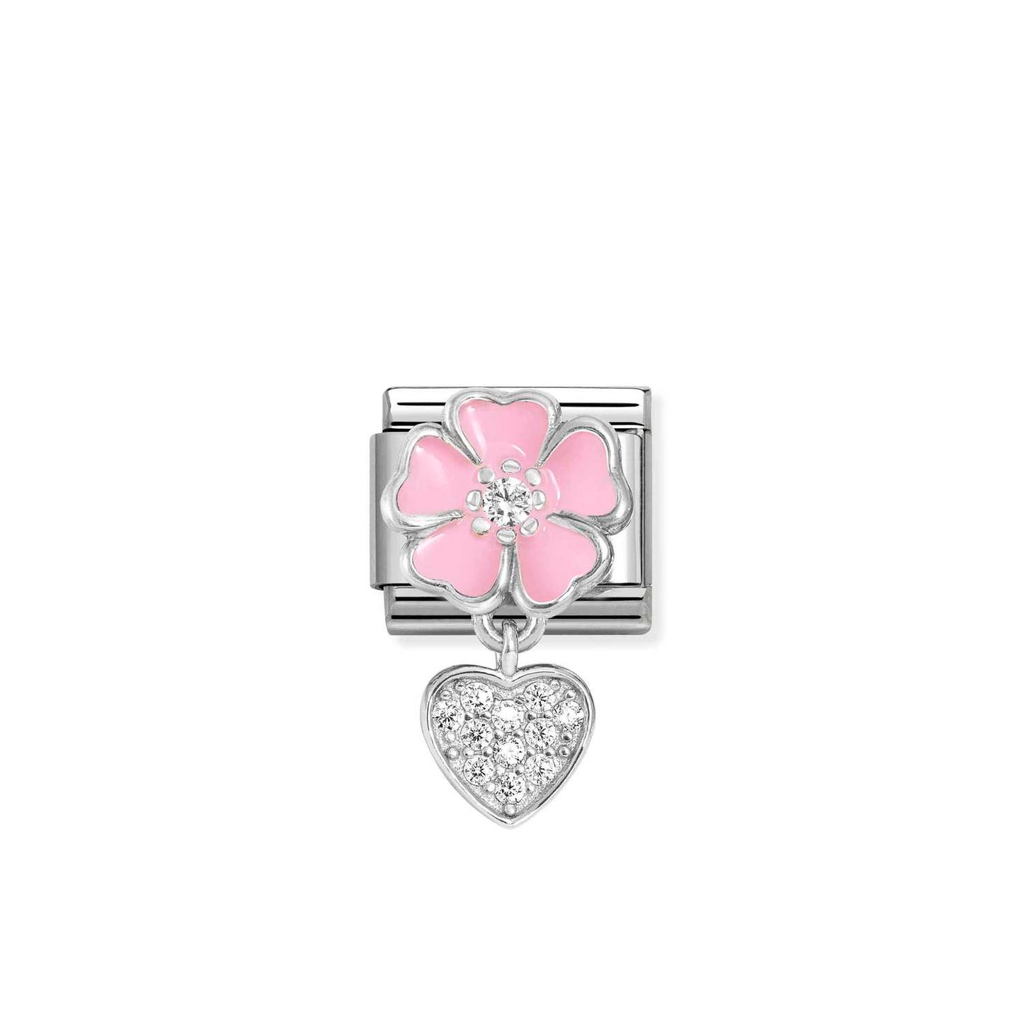 Nomination Classic Link Pink Flower with CZ and CZ Pave Heart Pendant