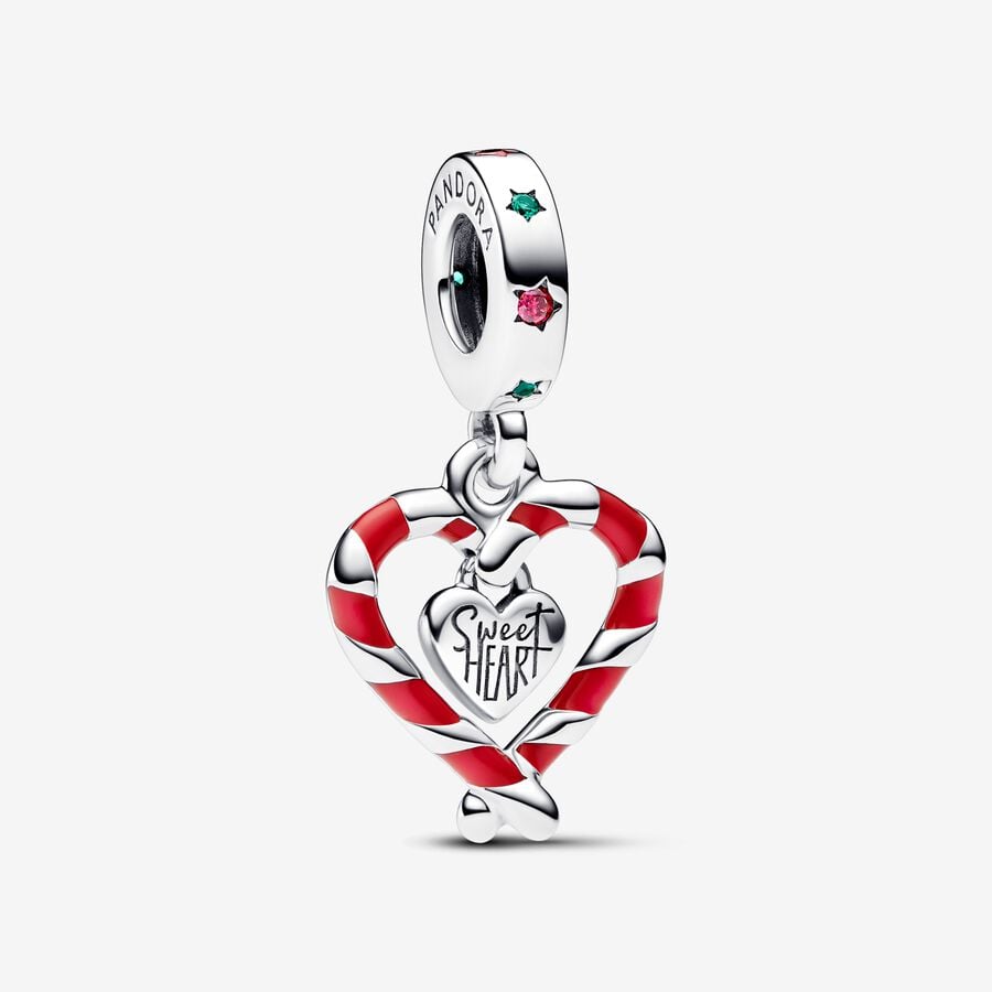 Pandora Double Candy Cane Heart Christmas Dangle Charm