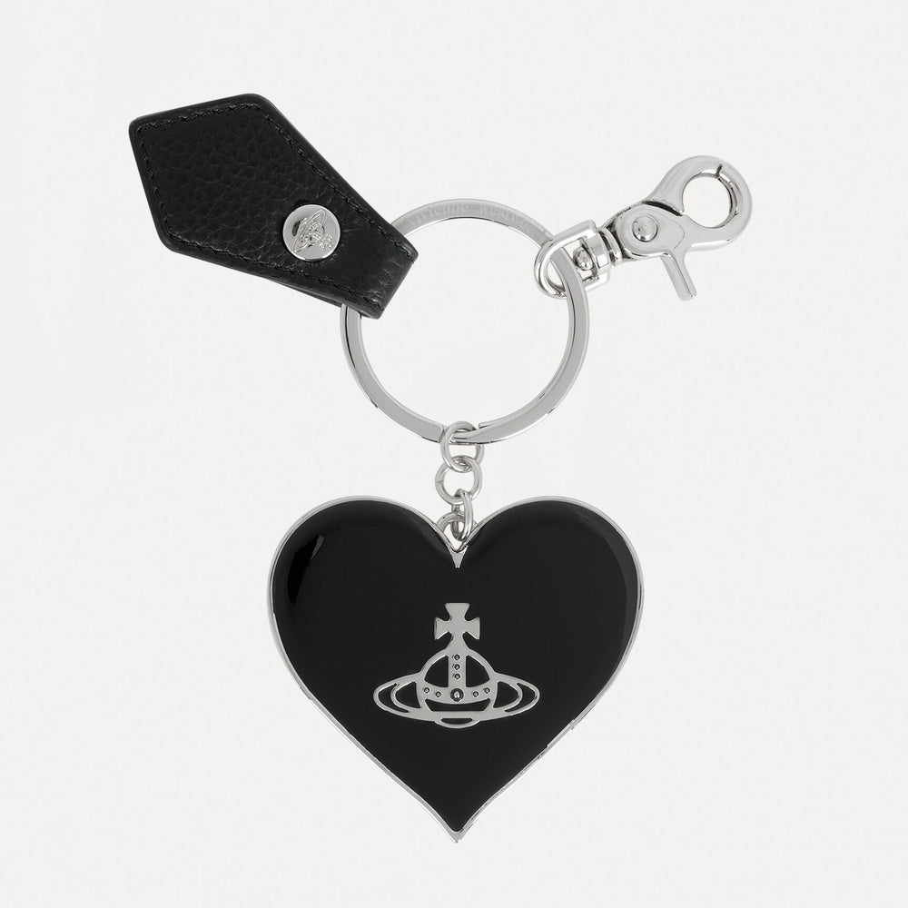 Vivienne Westwood Mirror Heart Orb Keyring Black Grain Leather