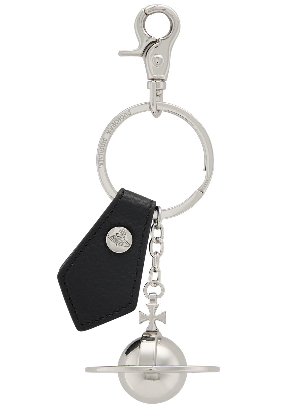 Vivienne Westwood Black Grain Leather 3D Orb Silver Keyring