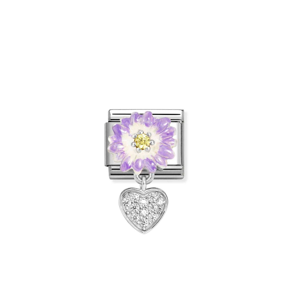 Nomination Classic Link Purple Flower with Yellow CZ and CZ Pave Heart Pendant