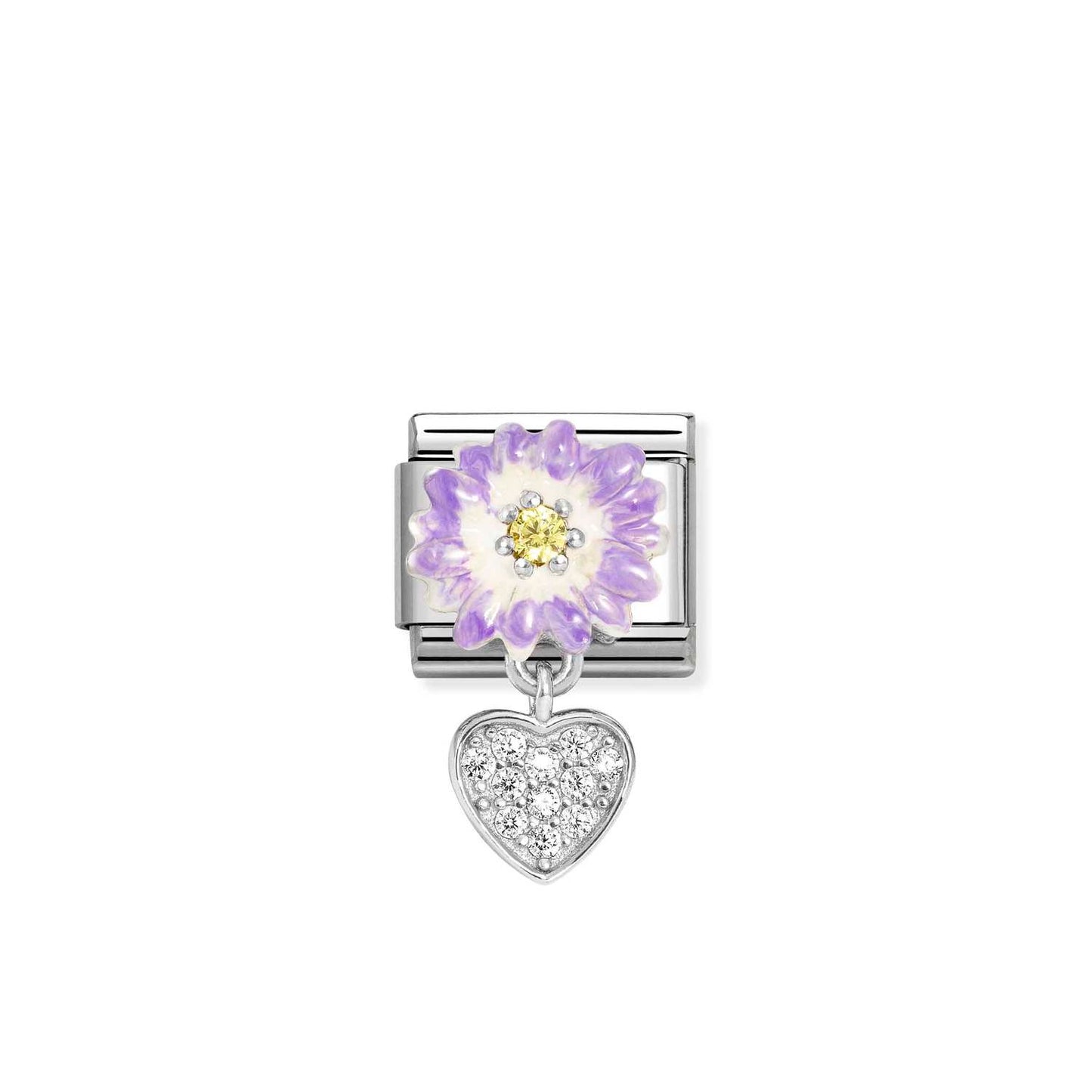 Nomination Classic Link Purple Flower with Yellow CZ and CZ Pave Heart Pendant