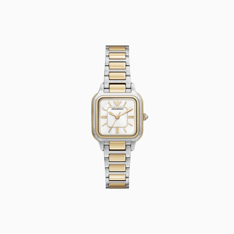 A two-tone watch with a square silver-tone case, gold-tone bezel details, and a matching two-tone link bracelet, shown against a plain white background.