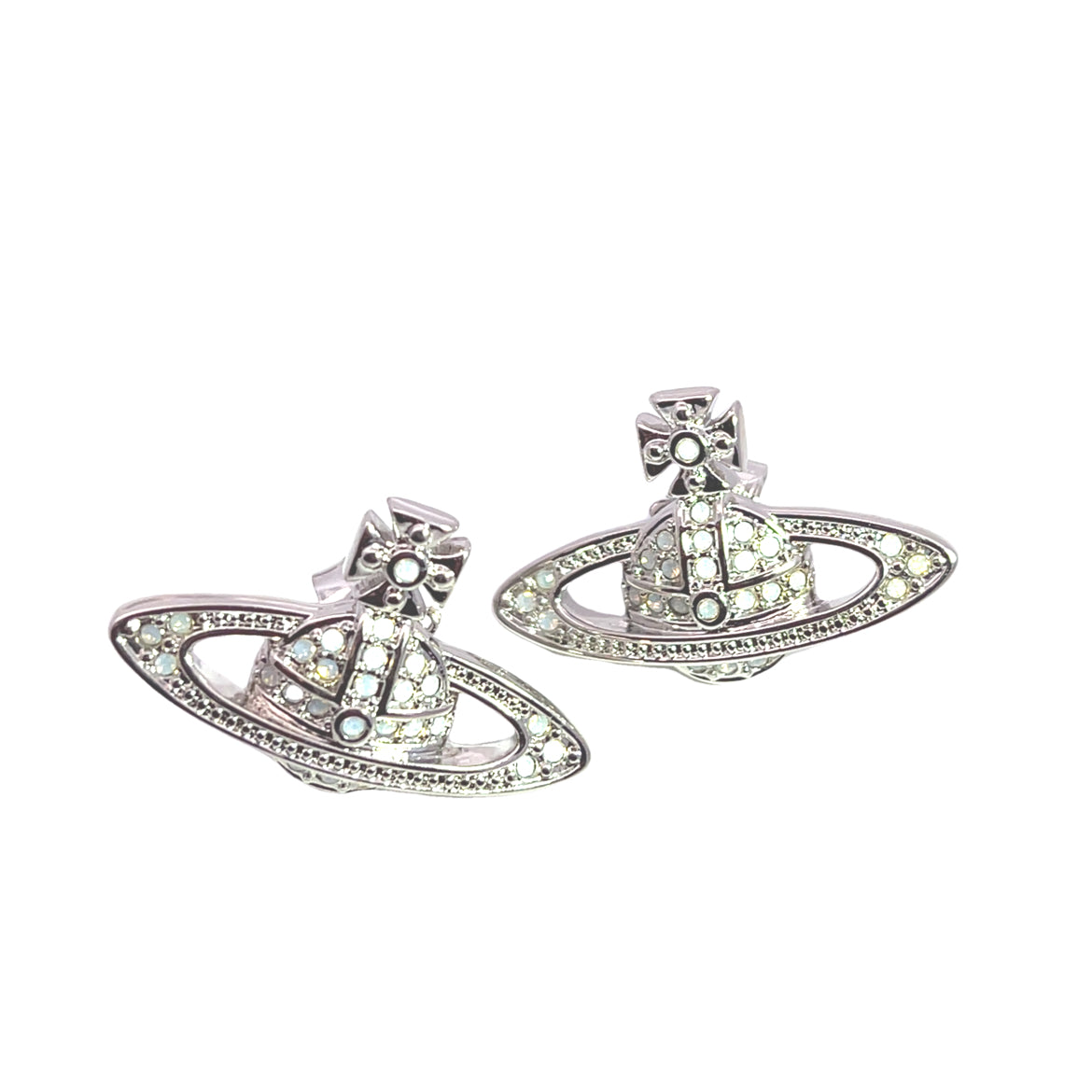 Vivienne Westwood Silver Tone and White Opal Mini Bas Relief Earrings