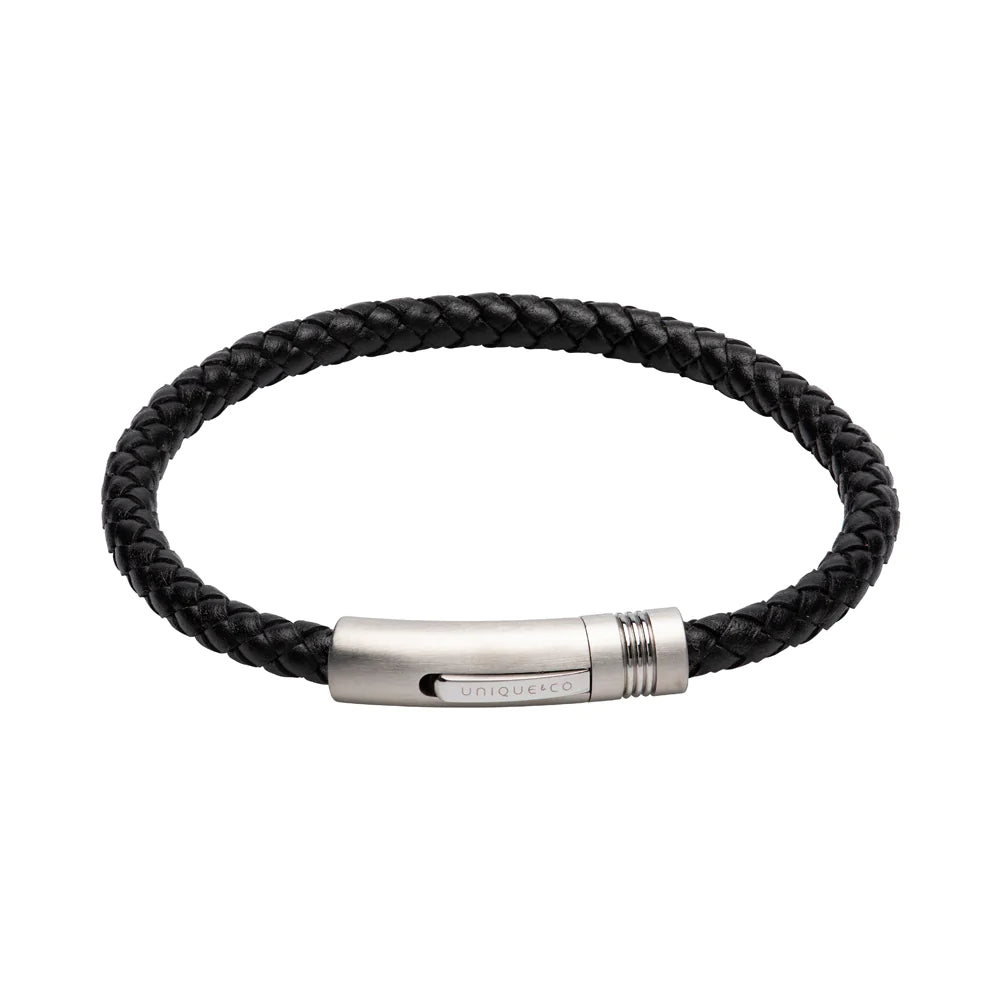 Unique B442BL Black Leather Bracelet 21cm