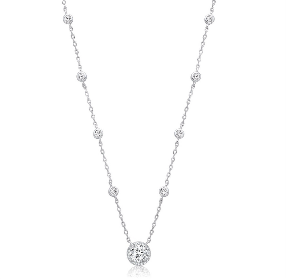Coe & Co Silver Silver Rubover Cz with Halo Cz Necklace