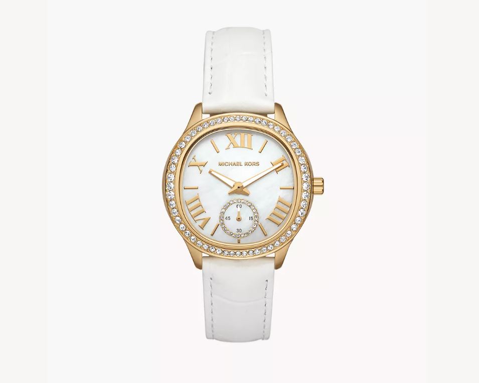 Michael Kors Sage Pavé Gold-Tone and White Crocodile Embossed Leather Ladies Watch