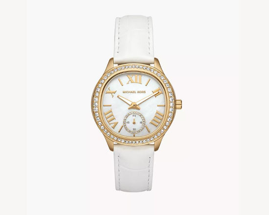 Michael Kors Sage Pavé Gold-Tone and White Crocodile Embossed Leather Ladies Watch