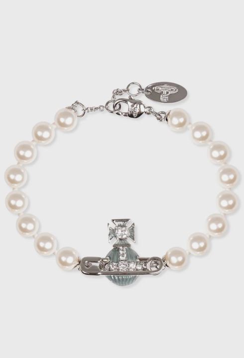 Vivienne Westwood Kitty Pearl Bracelet Platinum Tone & White Crystal