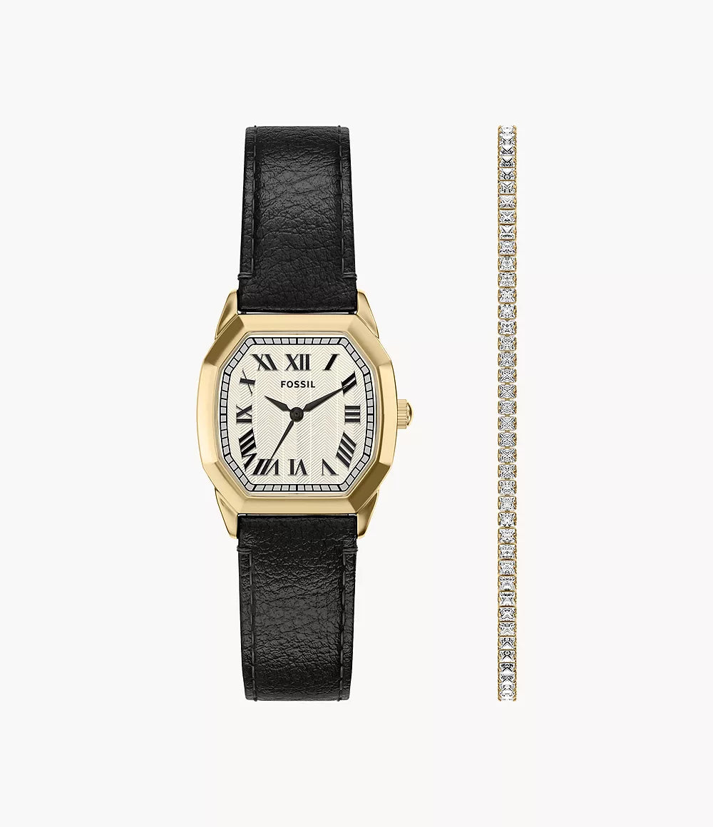 Fossil Black Leather Watch and Bracelet Set