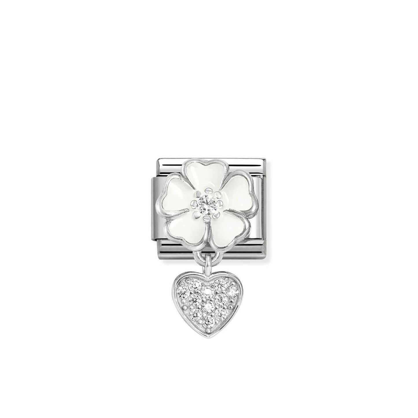 Nomination Classic Link White Flower with CZ and CZ Pave Heart Pendant