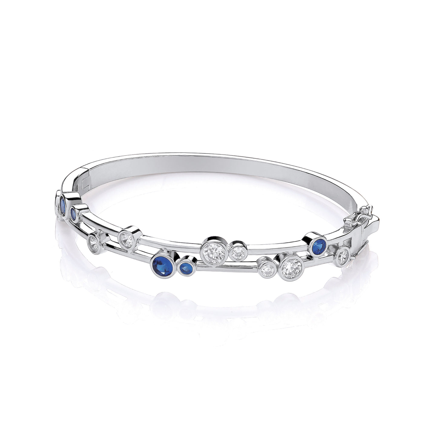 Coe & Co Sterling Silver Timeless Rubover set Blue & Clear CZs Ladies Bangle
