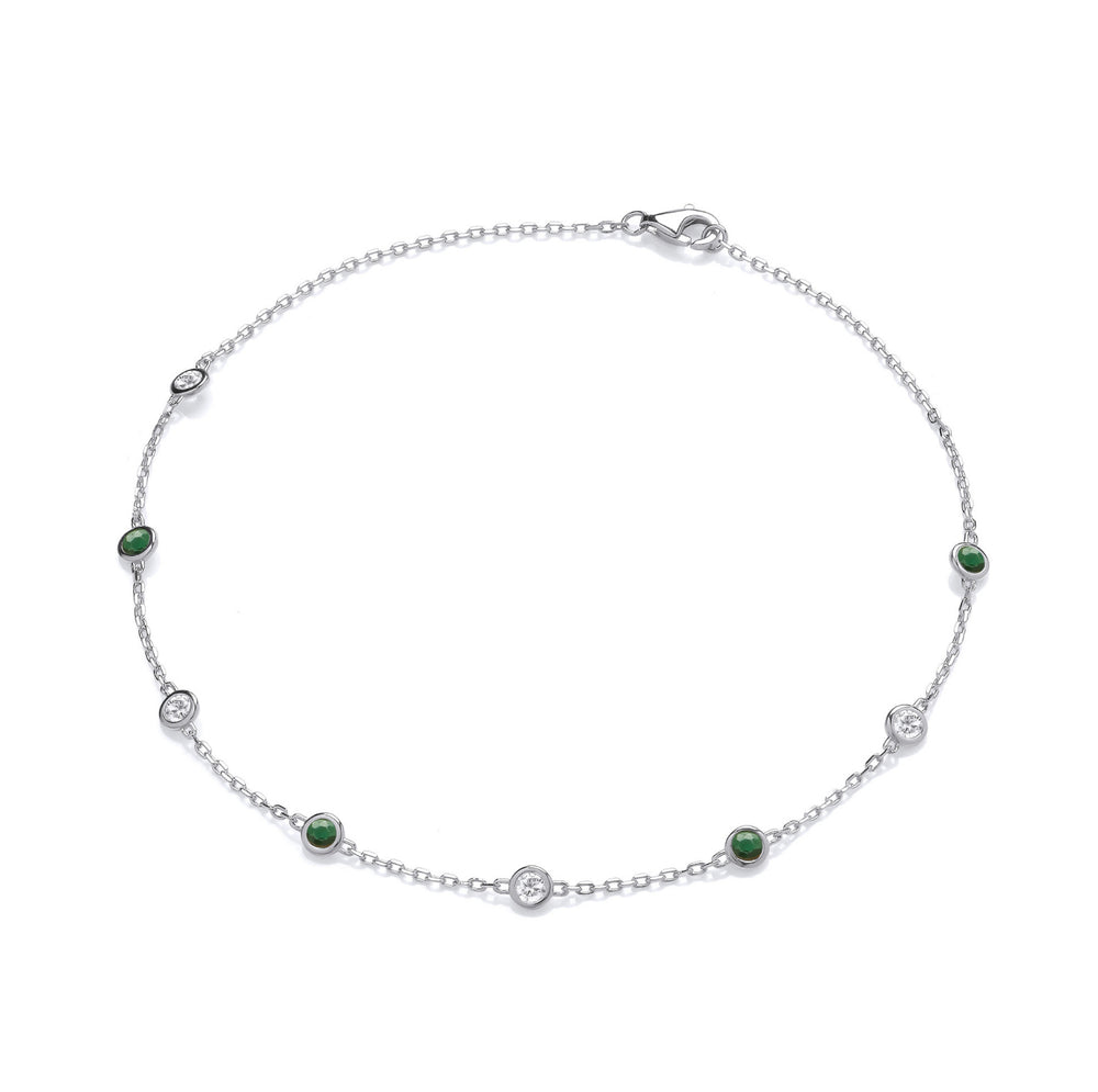Coe & Co Sterling Silver Rubover Green & Clear Cz's Ladies Anklet
