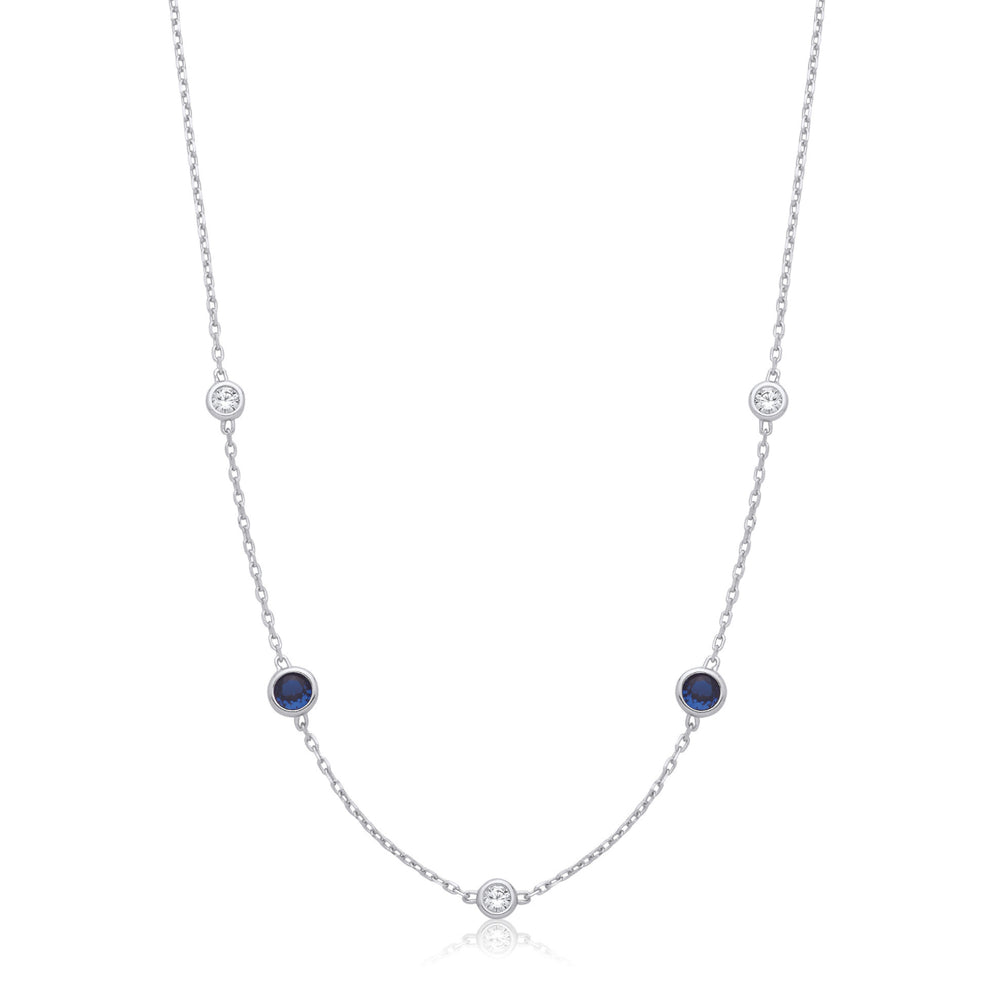 Coe & Co Sterling Silver Rhodium Plated Rubover 5 Blue & Clear Cz's Necklace