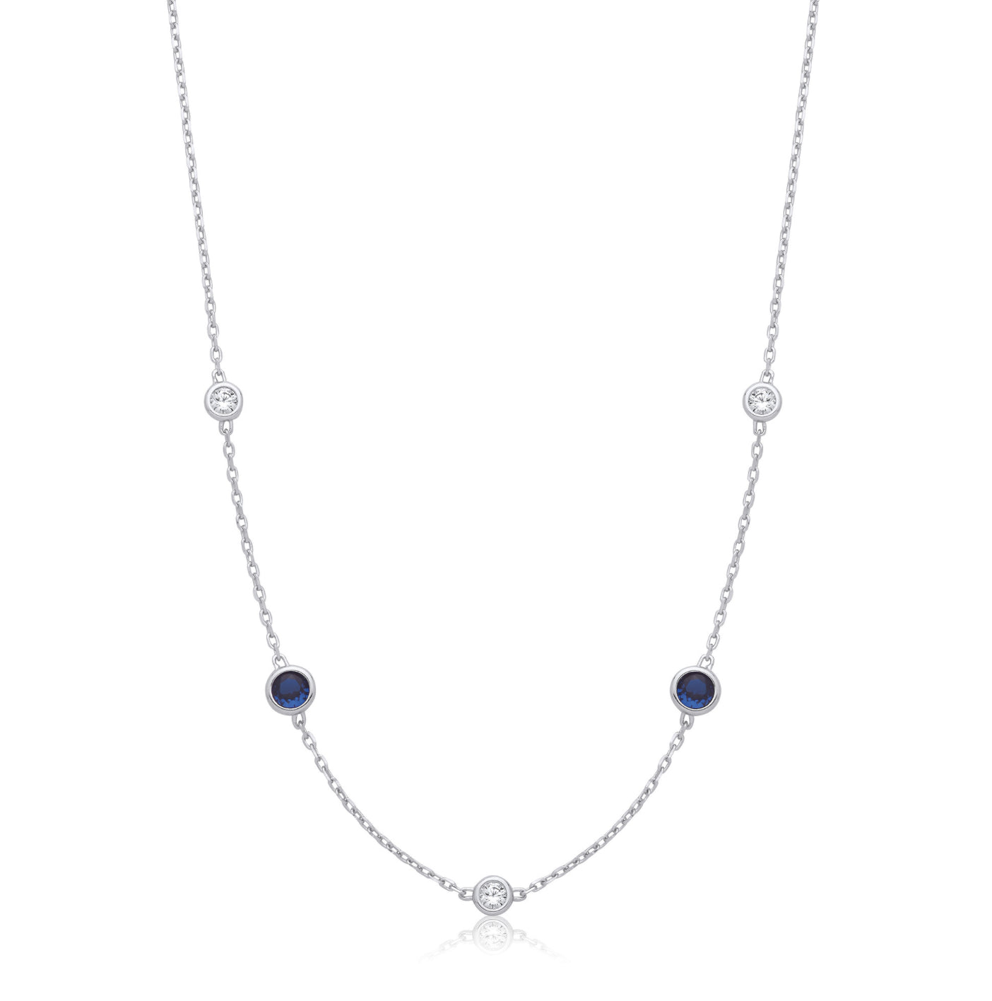 Coe & Co Sterling Silver Rhodium Plated Rubover 5 Blue & Clear Cz's Necklace