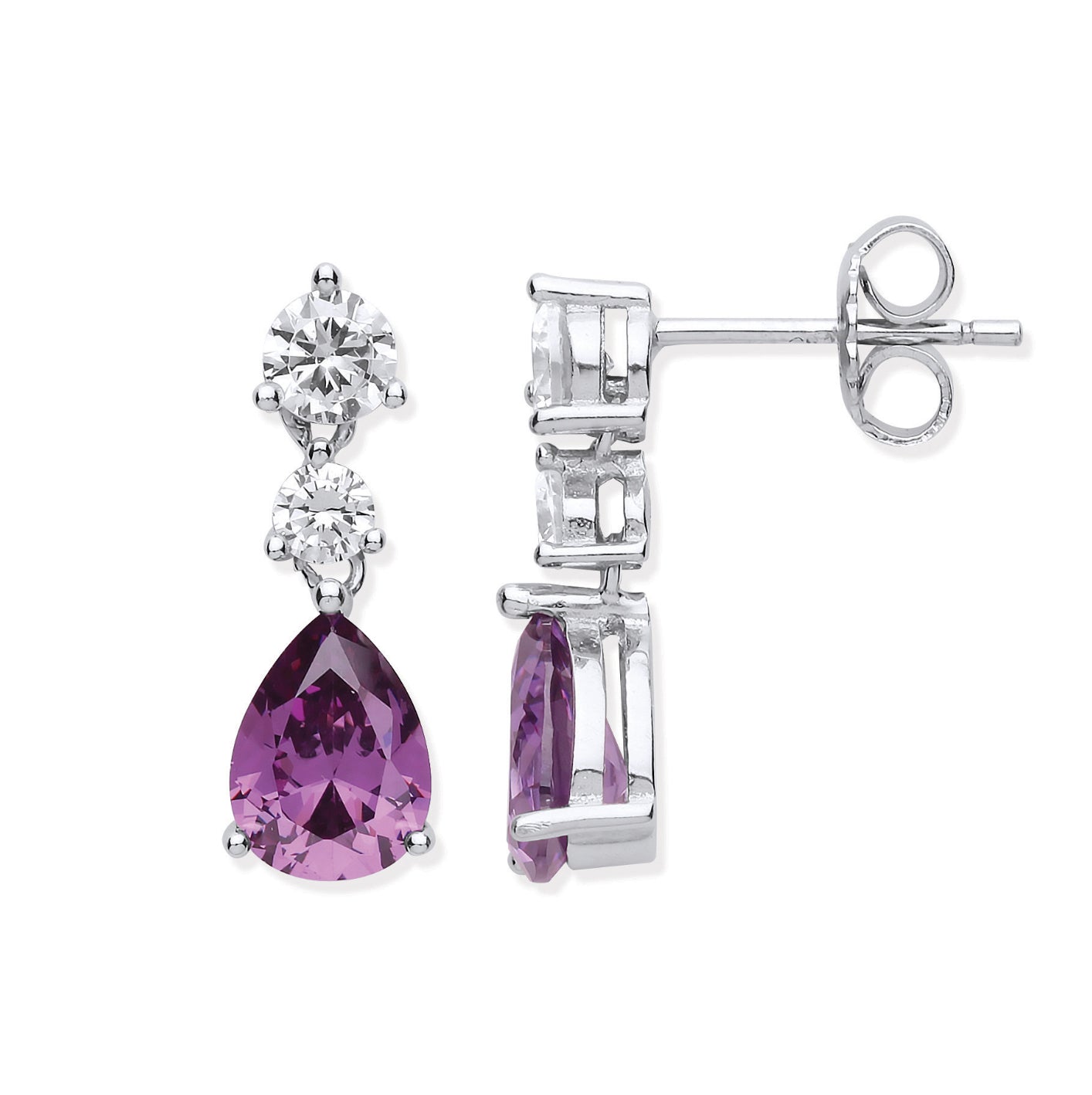 Coe & Co Sterling Silver Clear & Amethyst Colour CZs Drop Earrings