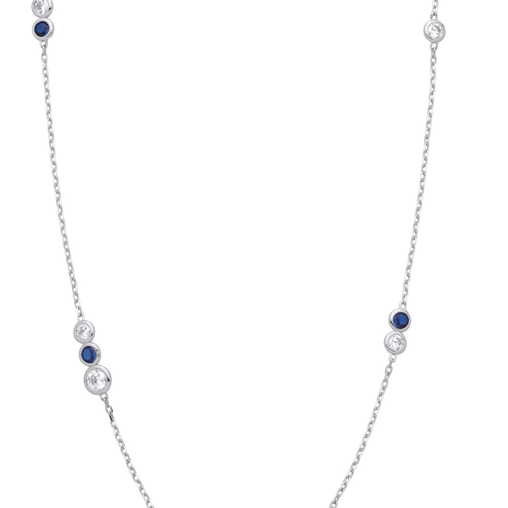 Coe & Co Sterling Silver Rhodium Plated Rubover Blue & Clear Cz's Necklace