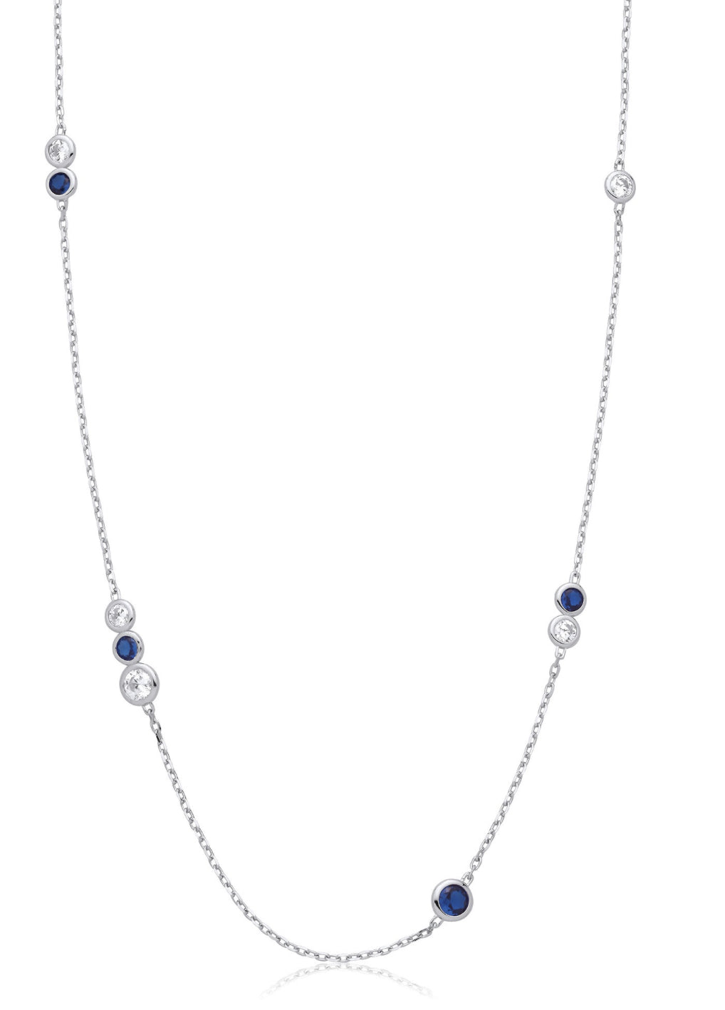 Coe & Co Sterling Silver Rhodium Plated Rubover Blue & Clear Cz's Necklace