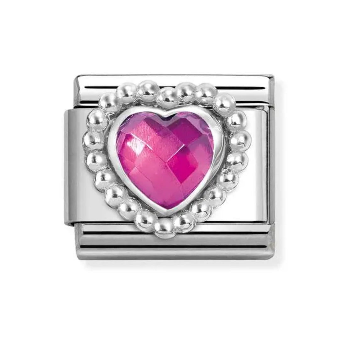 Nomiantion Classic Silver Faceted Fuchsia CZ Heart Charm