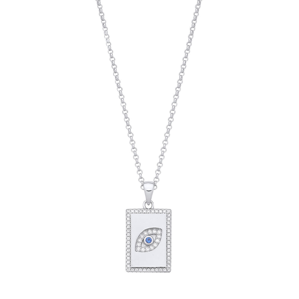 Silver Dog Tag CZs Evil Eye Pendant on Chain 16"
