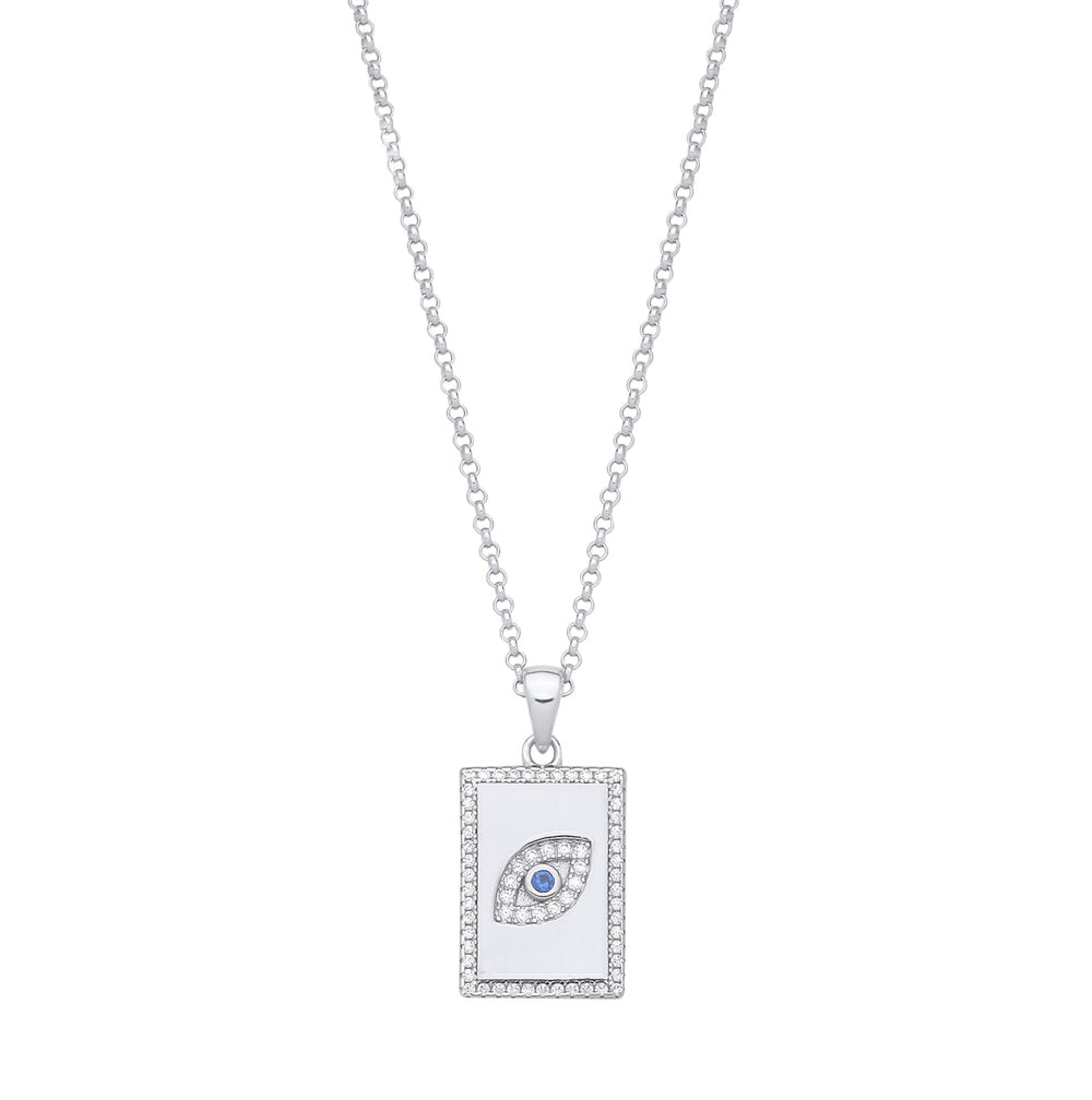 Silver Dog Tag CZs Evil Eye Pendant on Chain 16