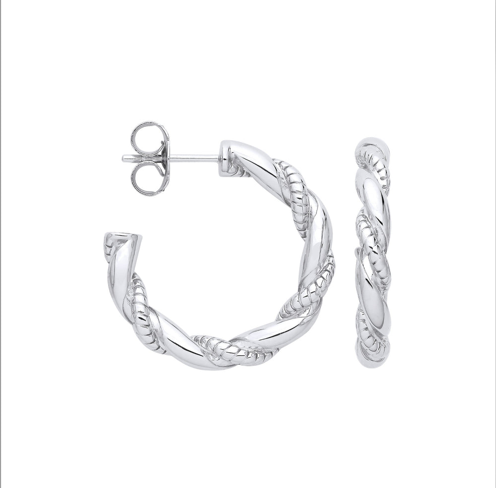 Silver Plain & Ribbed Twisted Hoop Earrings