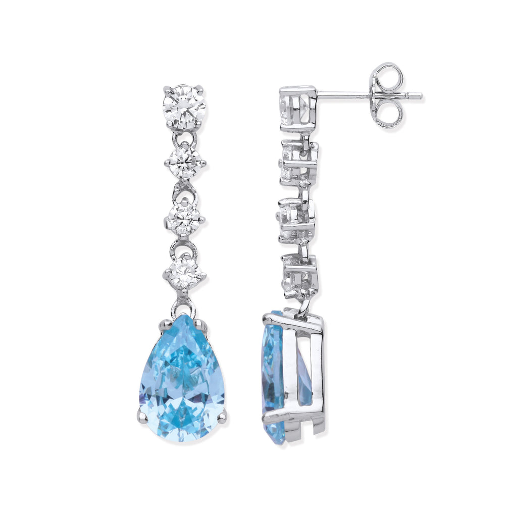 Coe & Co Sterling Silver Clear & Aquamarine Colour CZs Long Drop Earrings