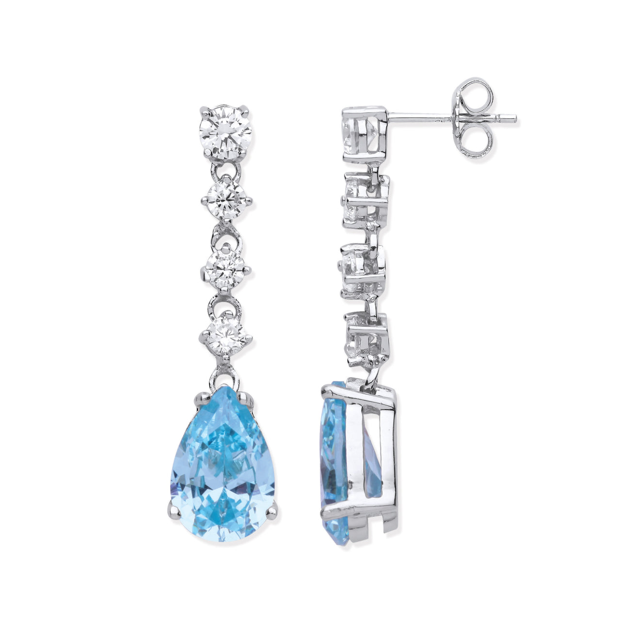 Coe & Co Sterling Silver Clear & Aquamarine Colour CZs Long Drop Earrings