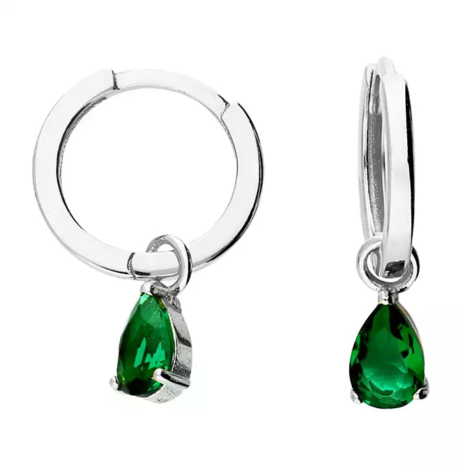 Coe &Co Silver Hoops with Glass Emerald Teardrop