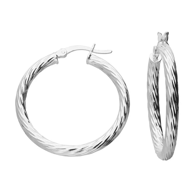 Coe & Co Silver Diamond Cut Creole Hoop Earrings 30mm