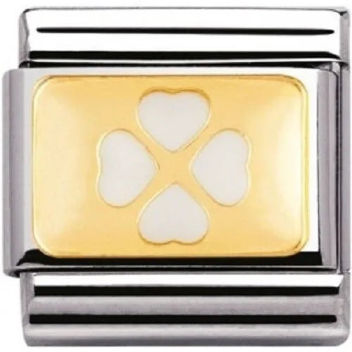 Nomination Classic Link with White Four-Leaf Clover in Yellow Gold Tone