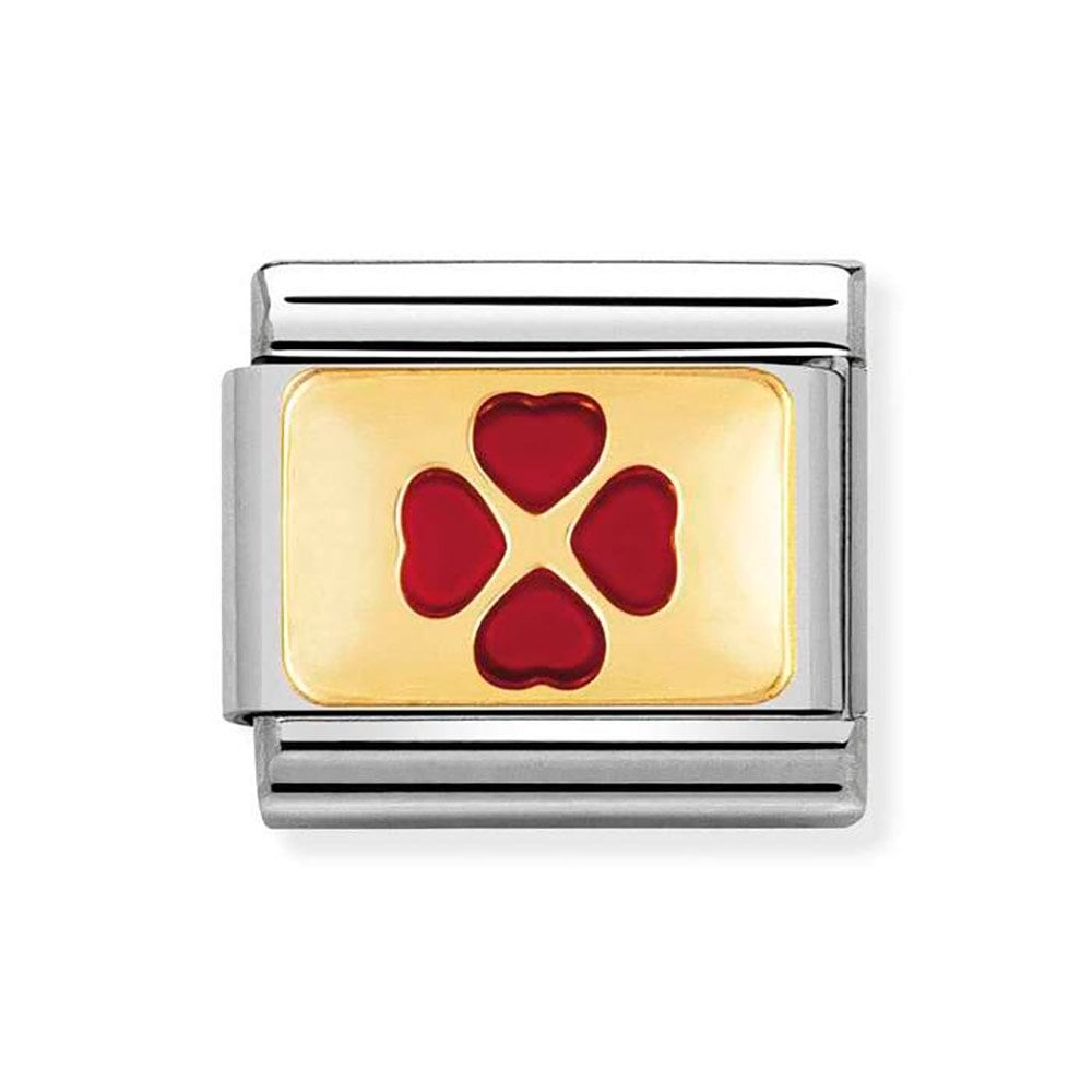 Nomination Classic Link with Red Four-Leaf Clover in Yellow Gold Tone