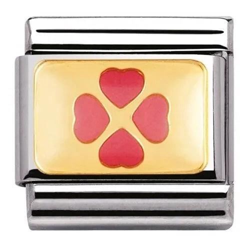 Nomination Classic Link with Pink Four-Leaf Clover in Yellow Gold Tone