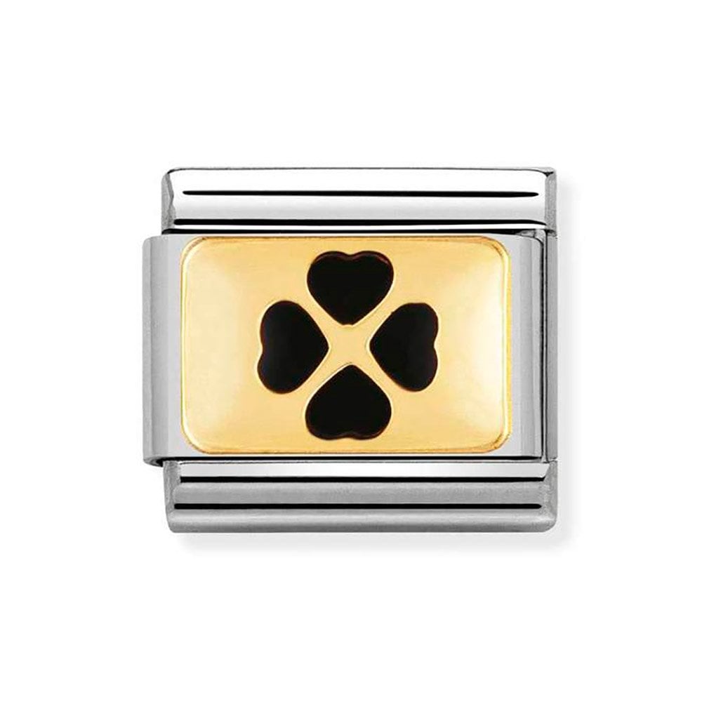 Nomination Classic Link with Black Four-Leaf Clover in Yellow Gold Tone