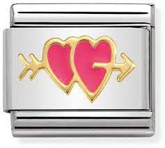 Nomination Classic Link with Double Fuchsia Hearts in Yellow Gold Tone