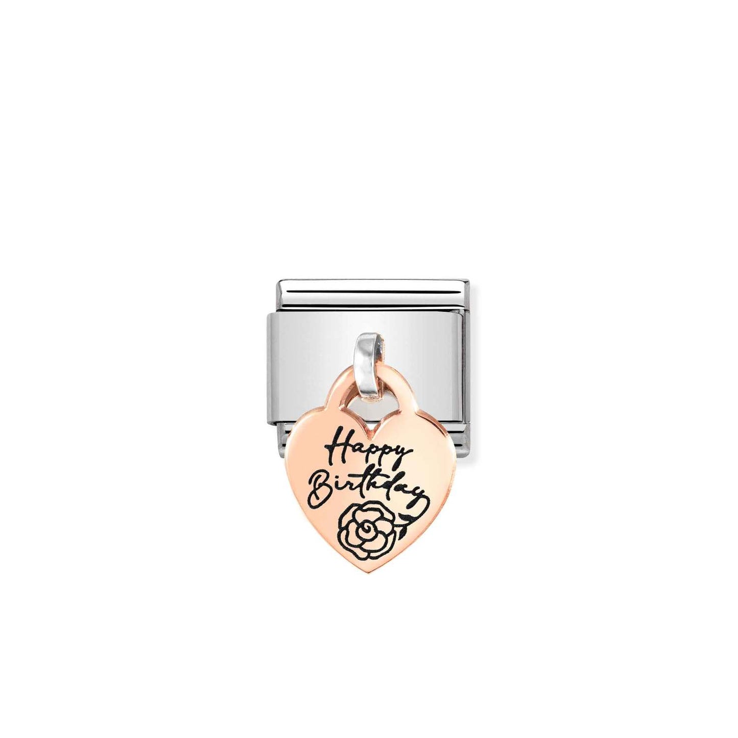 Nomination Classic Link with 'Happy Birthday' & Flower Heart Charm in Rose Gold Tone