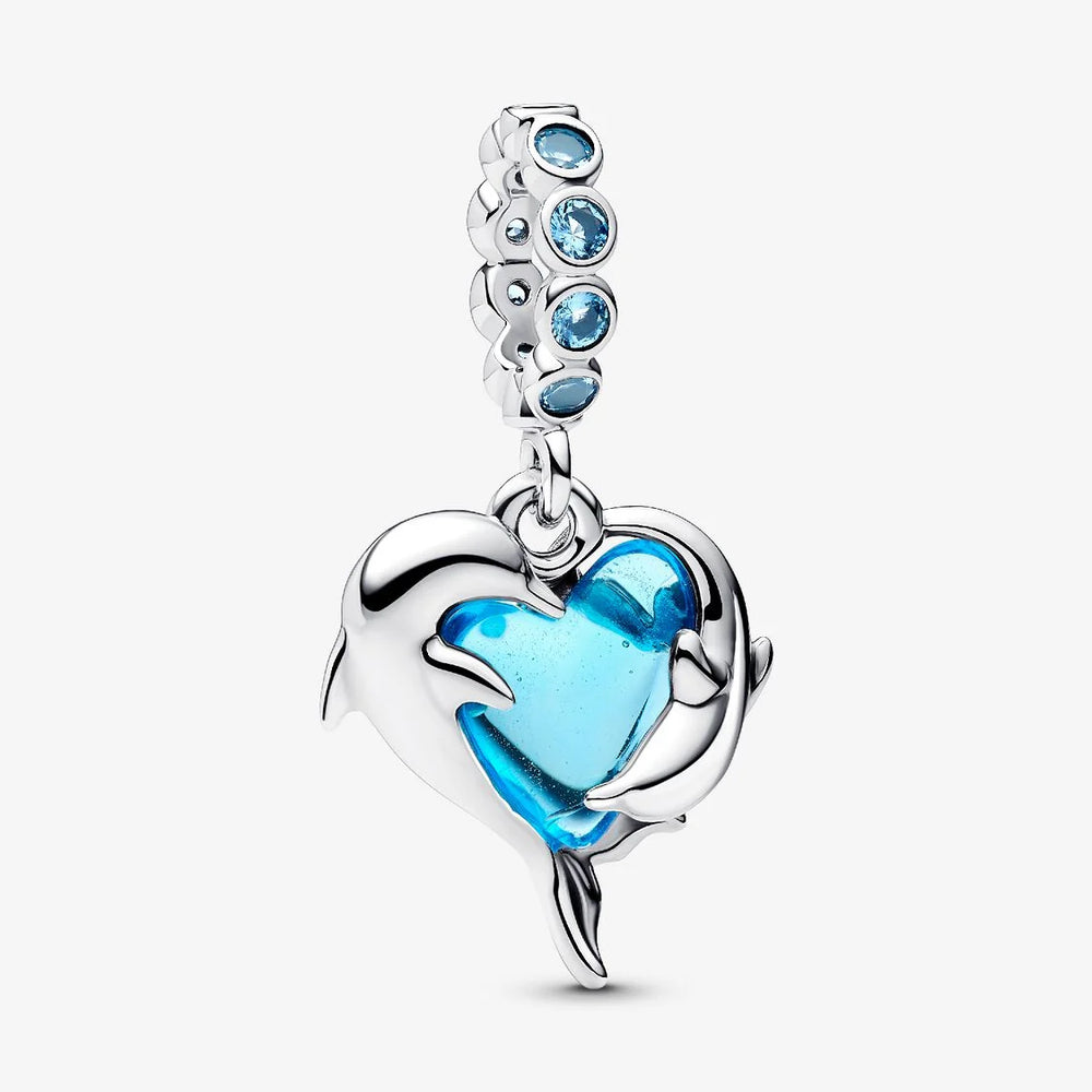 Pandora Blue Murano Glass Dolphins Dangle Charm Sterling Silver